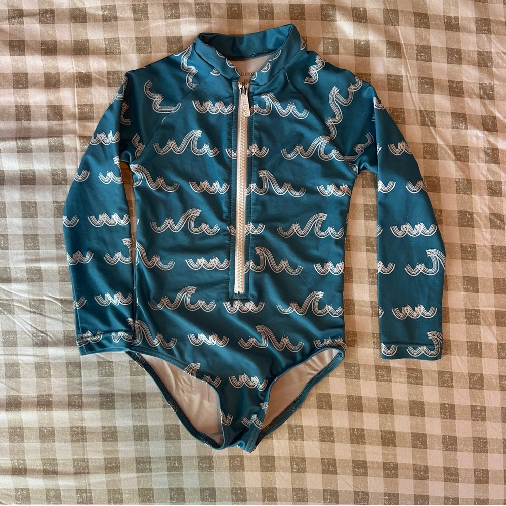 Long-Sleeve Teal Wave Print Kids One-Piece Swimsuit - Brand Unspecified